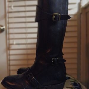 Frye Black Leather Combat Moto Boots